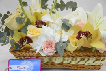 All Occasion Basket, Classic Basket Arrangement, Pink Spray Rose, Hydrangea, Gerbera, Lily, Eucalyptus, Native Basket